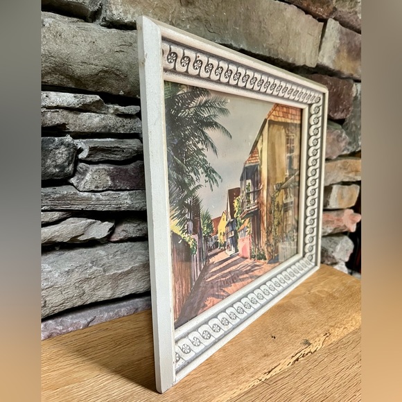VTG Tropical Town Print John Rogers Palm Tree Balcony Village Daisy Wood Frame - Picture 3 of 6